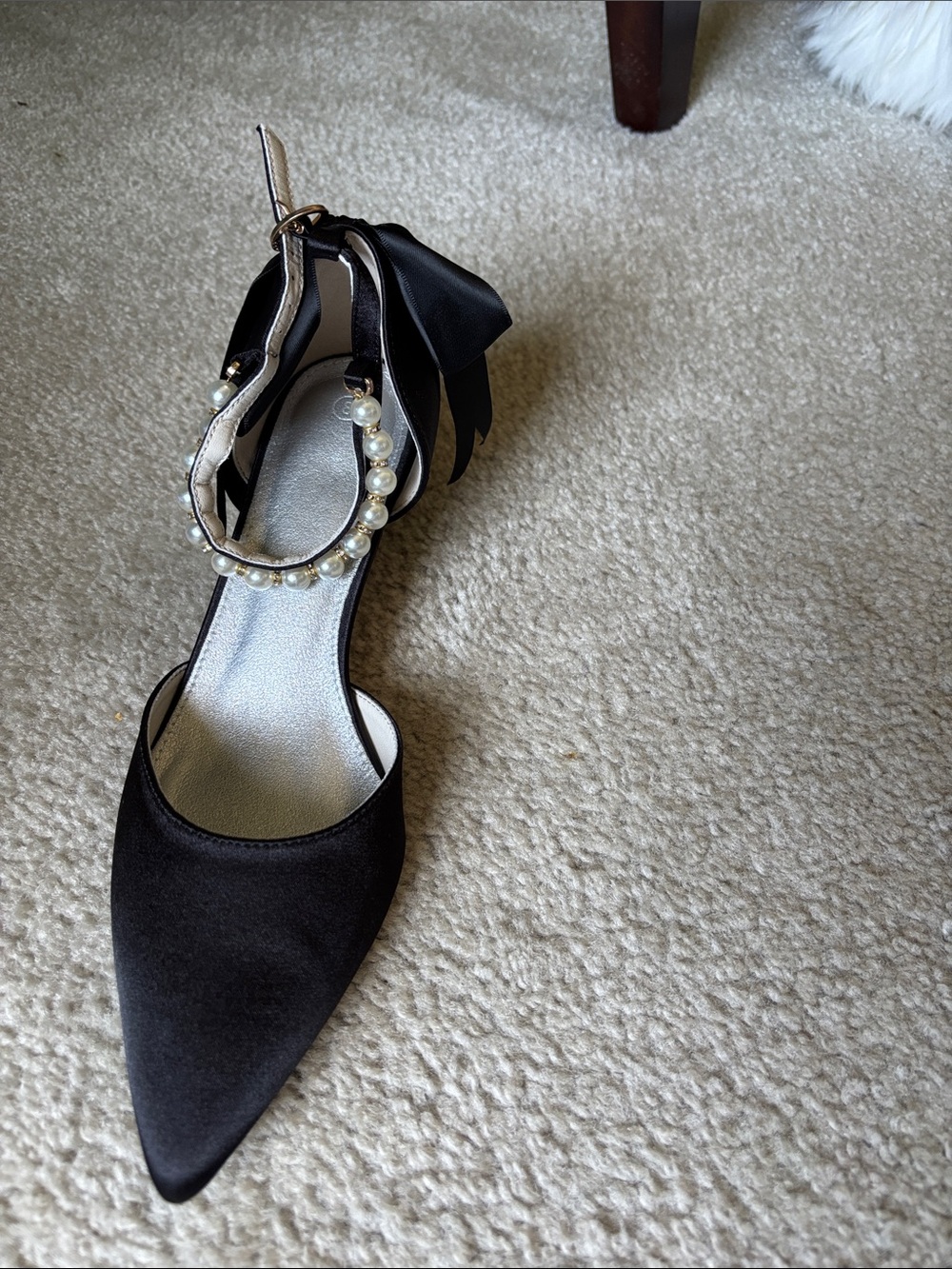 Elegant Black Pointed Toe Pearl-Ankle Strap Satin Women’s Heel